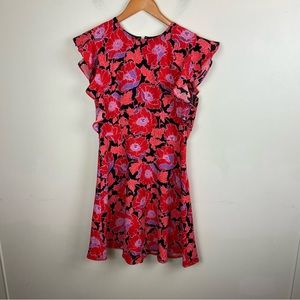 Who What Wear Neon Red Lilac Floral Flutter Sleeve Dress size‎ XS